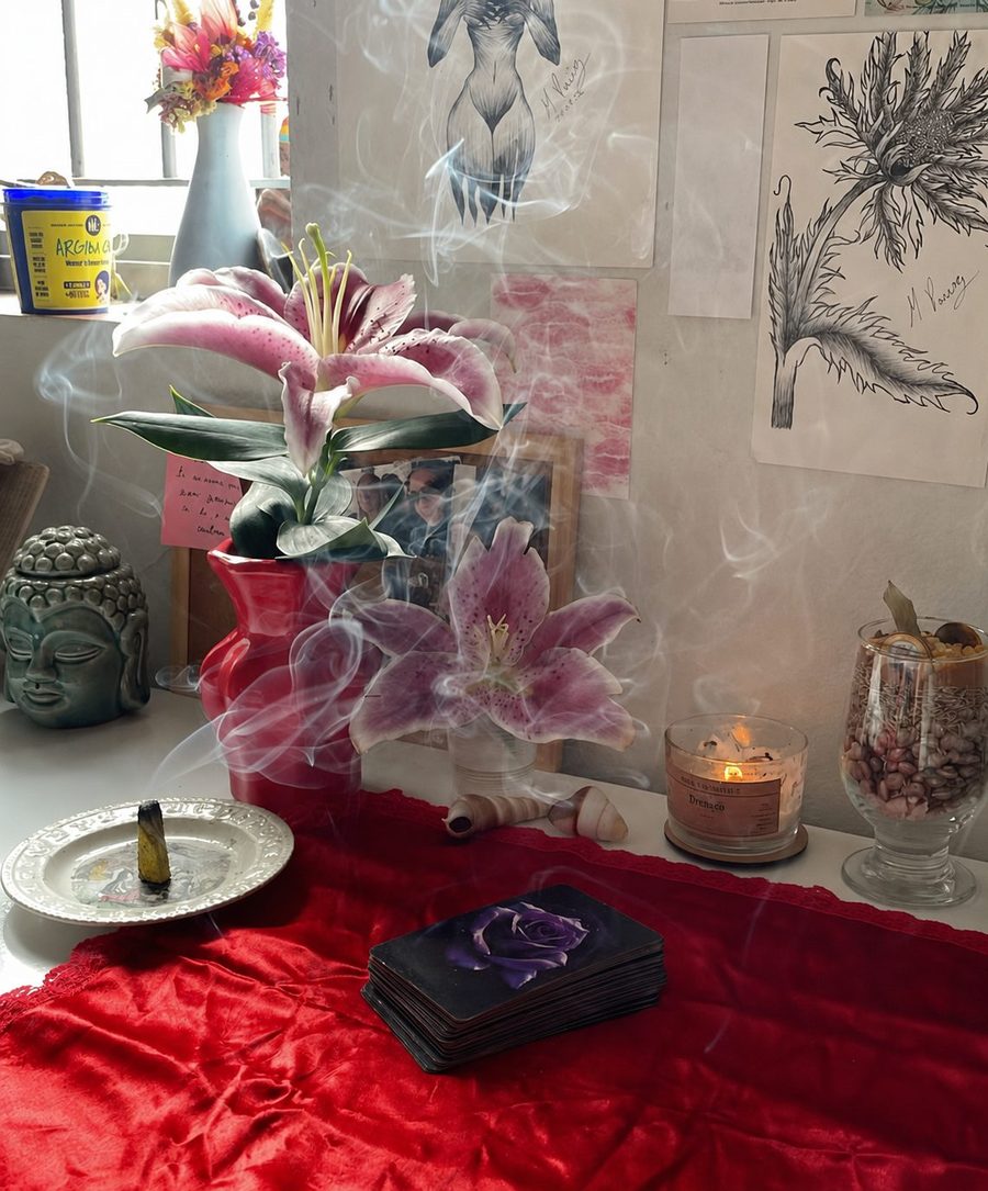 Altar com baralho de Maria Mulambo, rosas, velas e fumaça de incenso